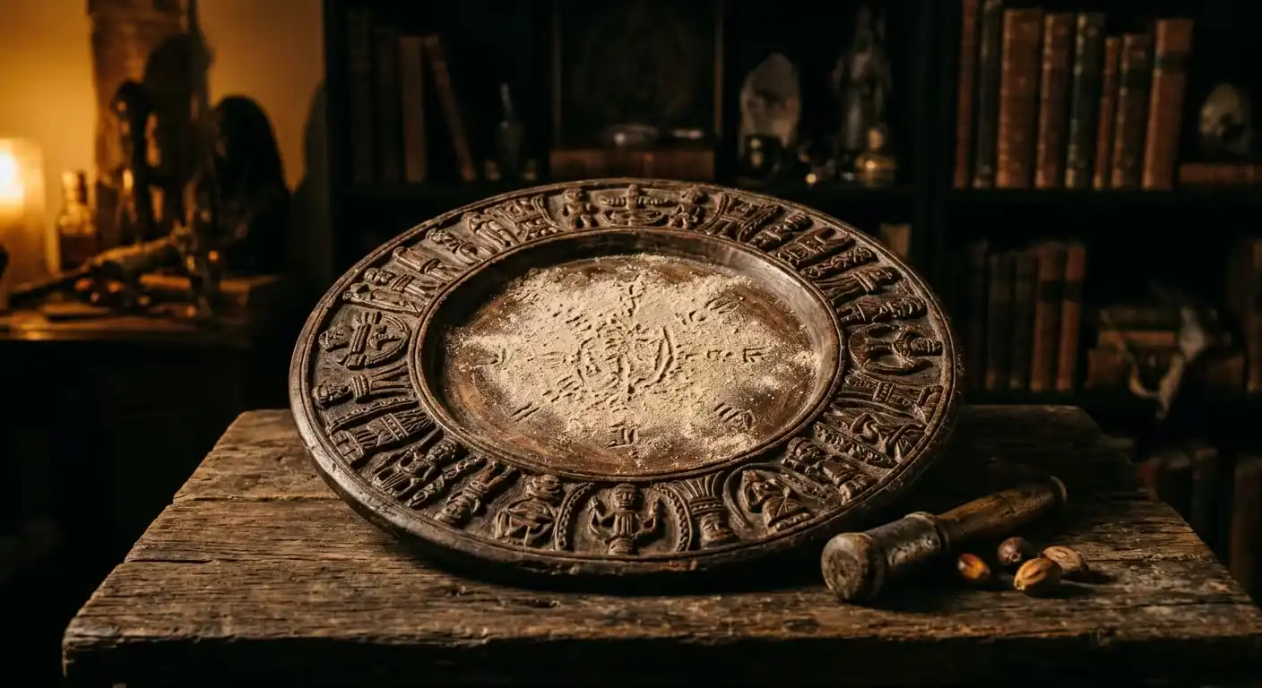 Tabuleiro divinatório com búzios e ikins revelando os mistérios dos 16 Odus (Signos de Ifá)
